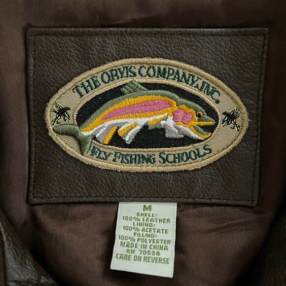 Men's ORVIS Co Fly Fishing Schools Brown Leather Coat Jacket Sz Med Bomber - Picture 8 of 8